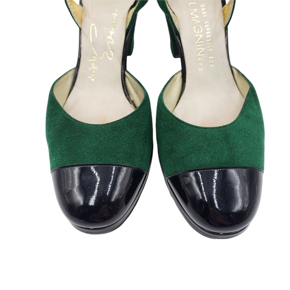 Vintage MCM Green Suede Patent Leather Heels Slingback Block Heel Mary Jane - Picture 2 of 11